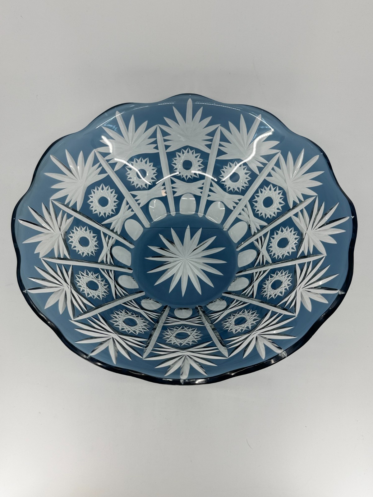 1950s Vintage Bohemian Lead Crystal Glass Cut To Clear Cobalt Blue Bowl 13″W
