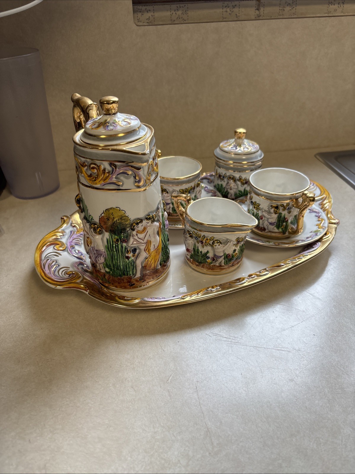 Vintage Elpa Alcobaca Cherubs Porcelain 2 Person Coffee/Tea Set & Tray Portugal