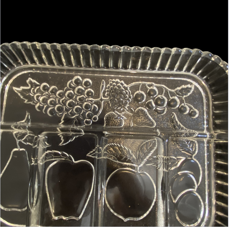 VINTAGE INDIANA GLASS — Fruit & Relish Tray, 5 Sections, Fruit Design, Heirloom
