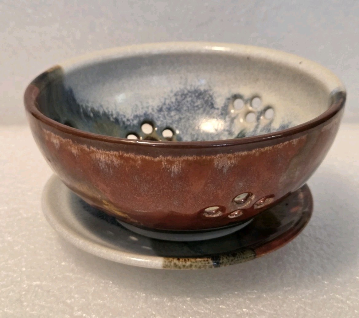 Hand Thrown Pottery Earth Tones Colander Berry Bowl Strainer & Under Plate 5.5″