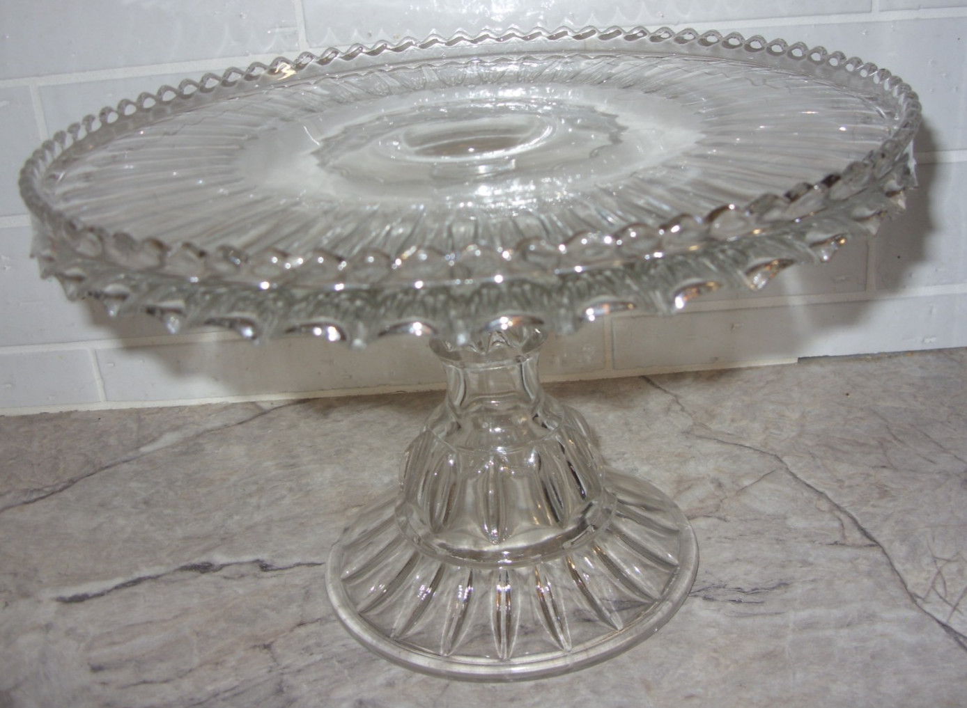 Vintage Clear Glass Bryce McKee US Glass Saw Tooth Edge Round 10″ Cake Stand HTF
