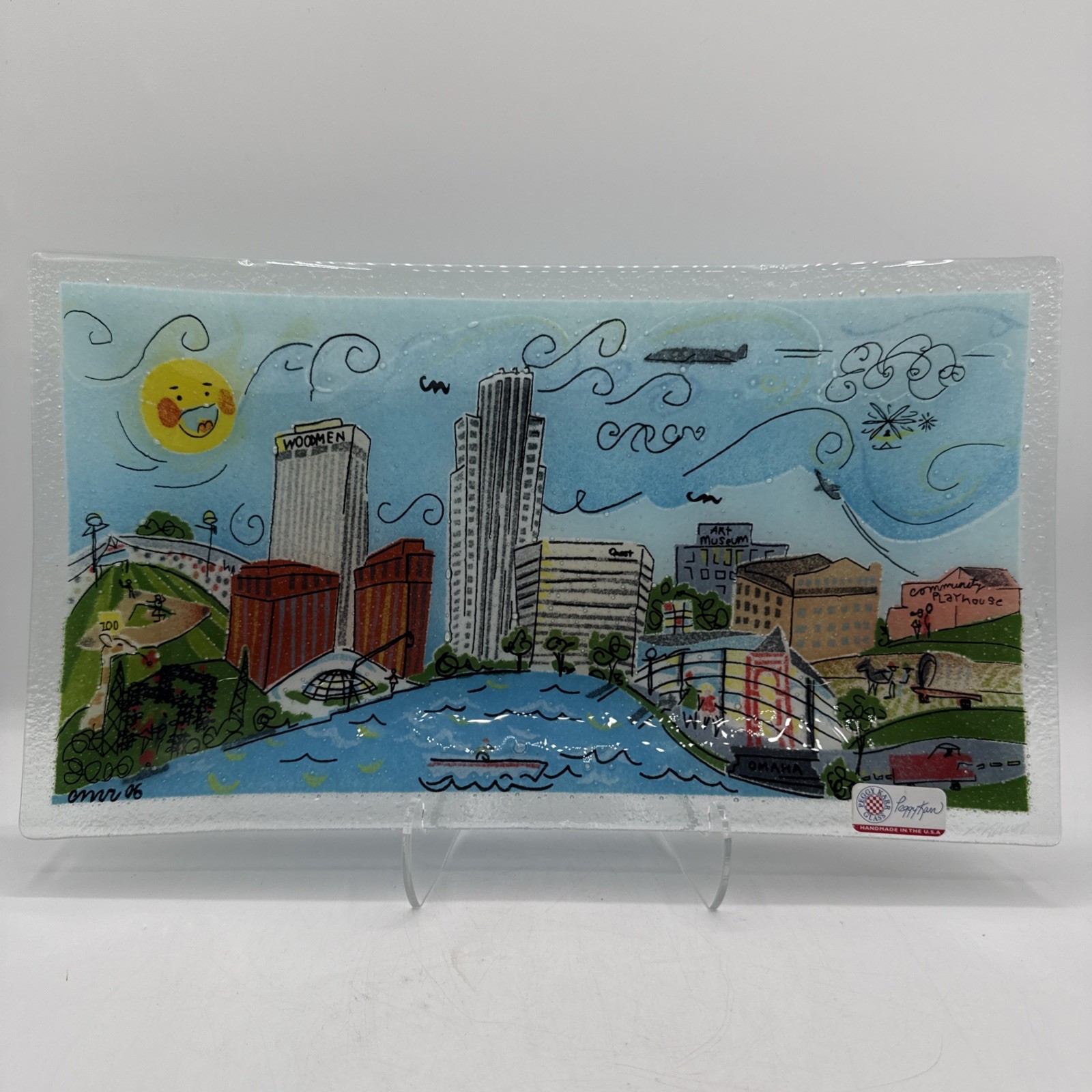 PEGGY KARR Famous Omaha, NE Sites Fused Glass Rectangle 14” Platter Nice