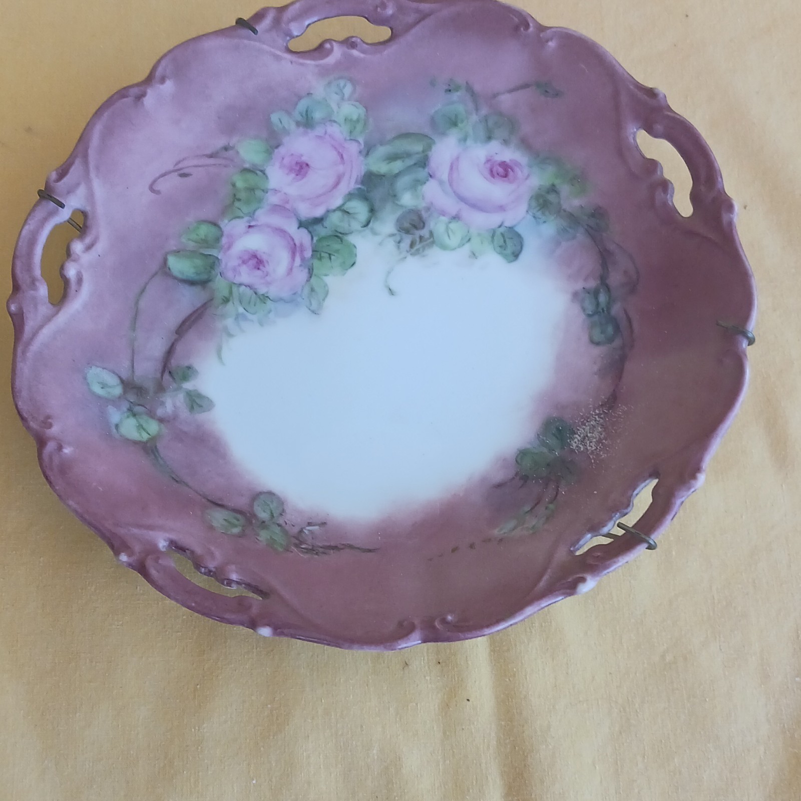 Floral Porcelain Plate Purple White Pink Green Glossy Decorative Round