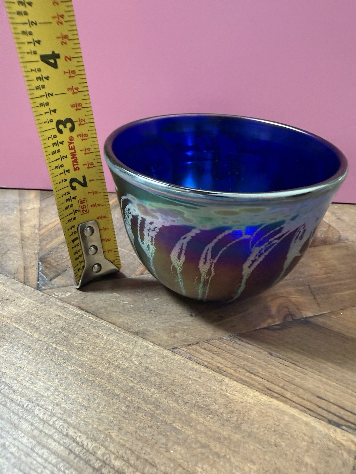 Coleman 1994 Signed Hand Blown Iridescent Blue Art Glass Bowl 5″ Round 3″ High