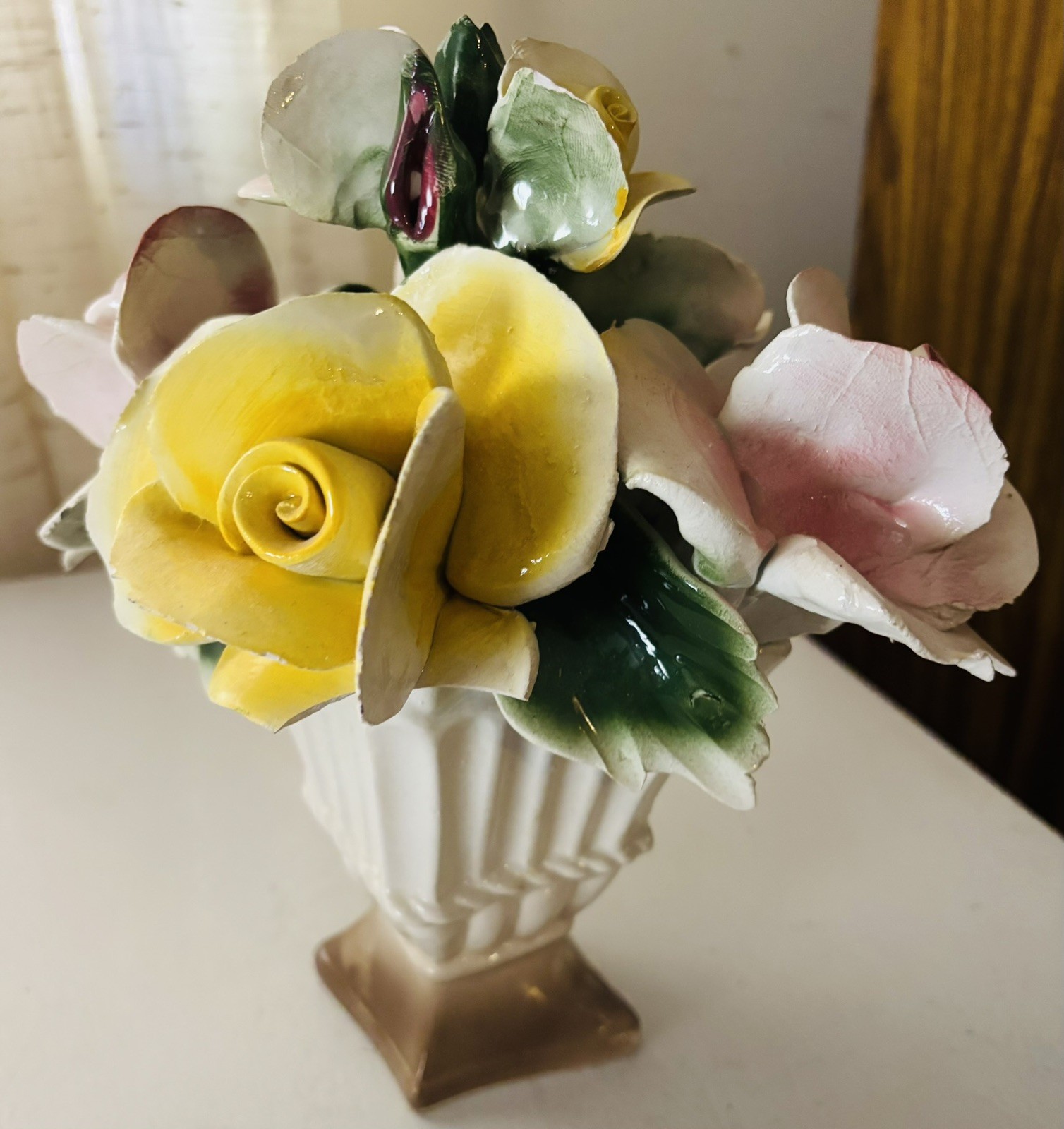 Rare Vintage Capodimonte Italy Porcelain Colorful Flower Vase Sculpture
