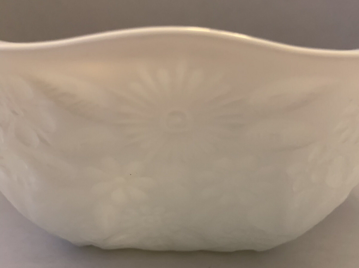 Vintage Indiana Glass Milk Glass Five Sided Bowl w/ Imprinted Daisies