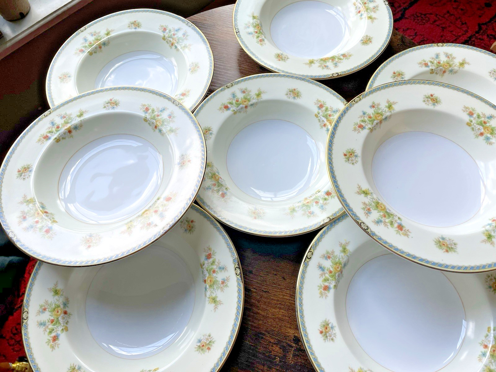 8 Rose China FLORAL Soup Salad Bowl Blue Gold Trim Occupied Japan 8″ Vintage Set