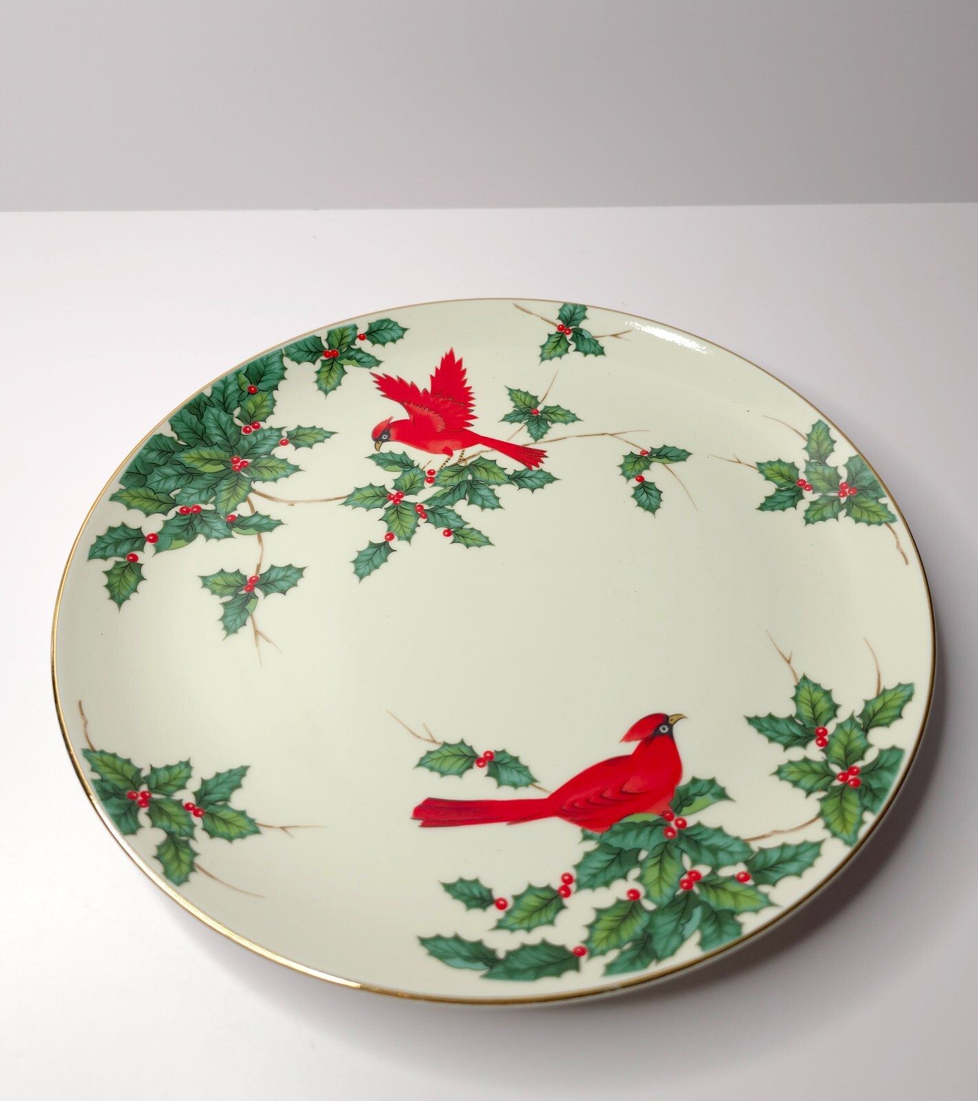 Vintage Lefton Cardinal Christmas 10.25″ Large Dinner Plate Gilt Edge 1993 01207