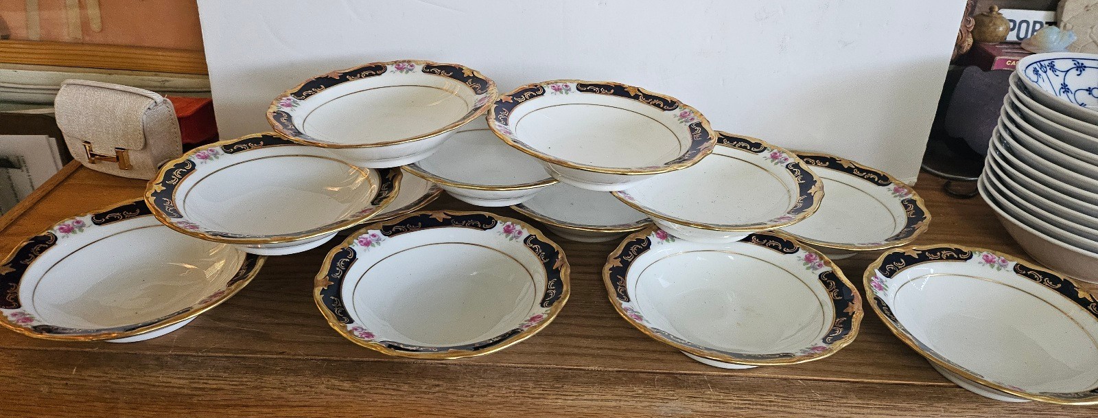 Reichenbach china kobalt gold painted flowers Set 12 Berry Bowls Echt Kobalt