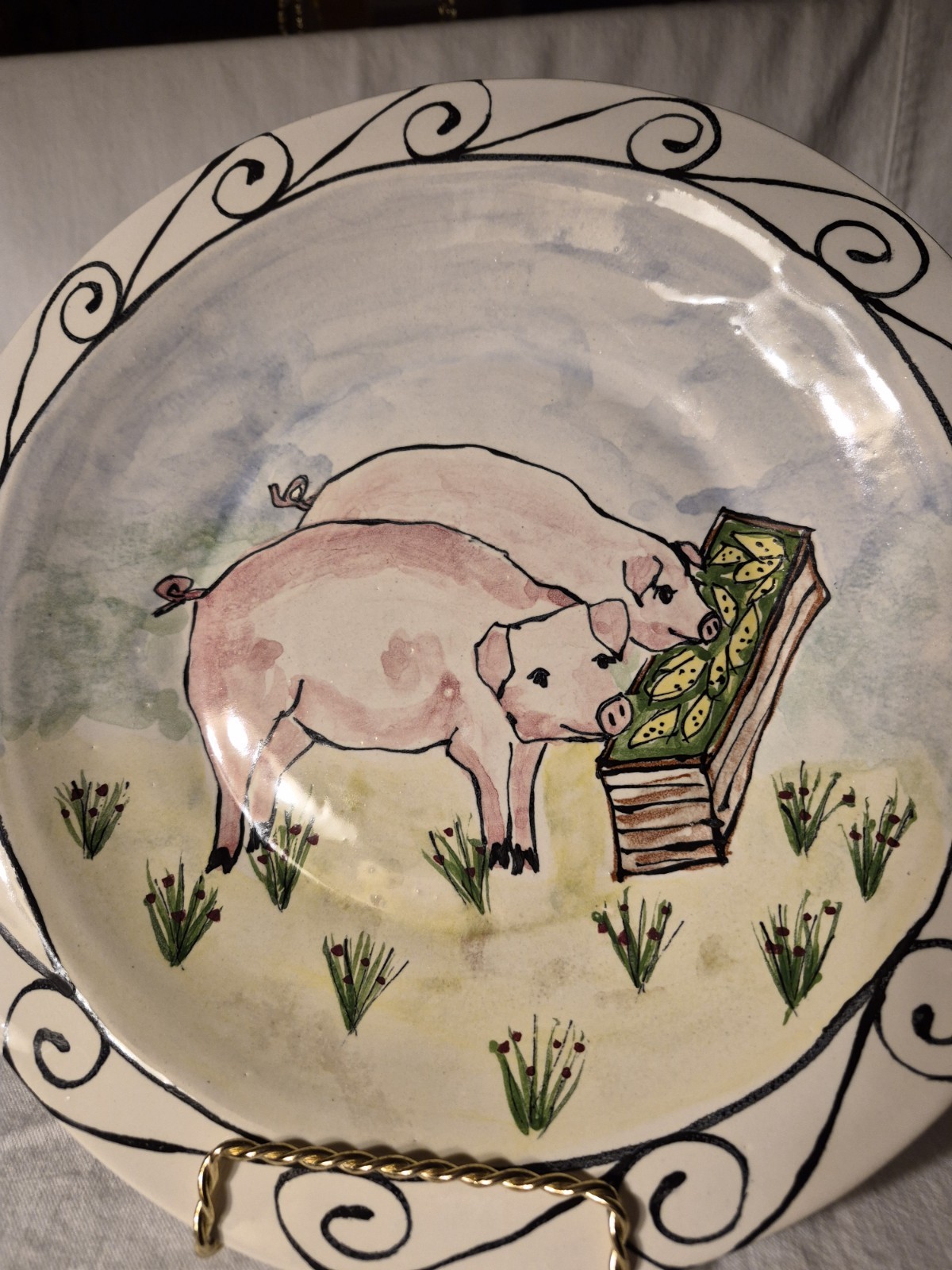 1997 Steve Hasslock 12″ Handpainted PIGS Pottery Signed Plate Farm Cottage