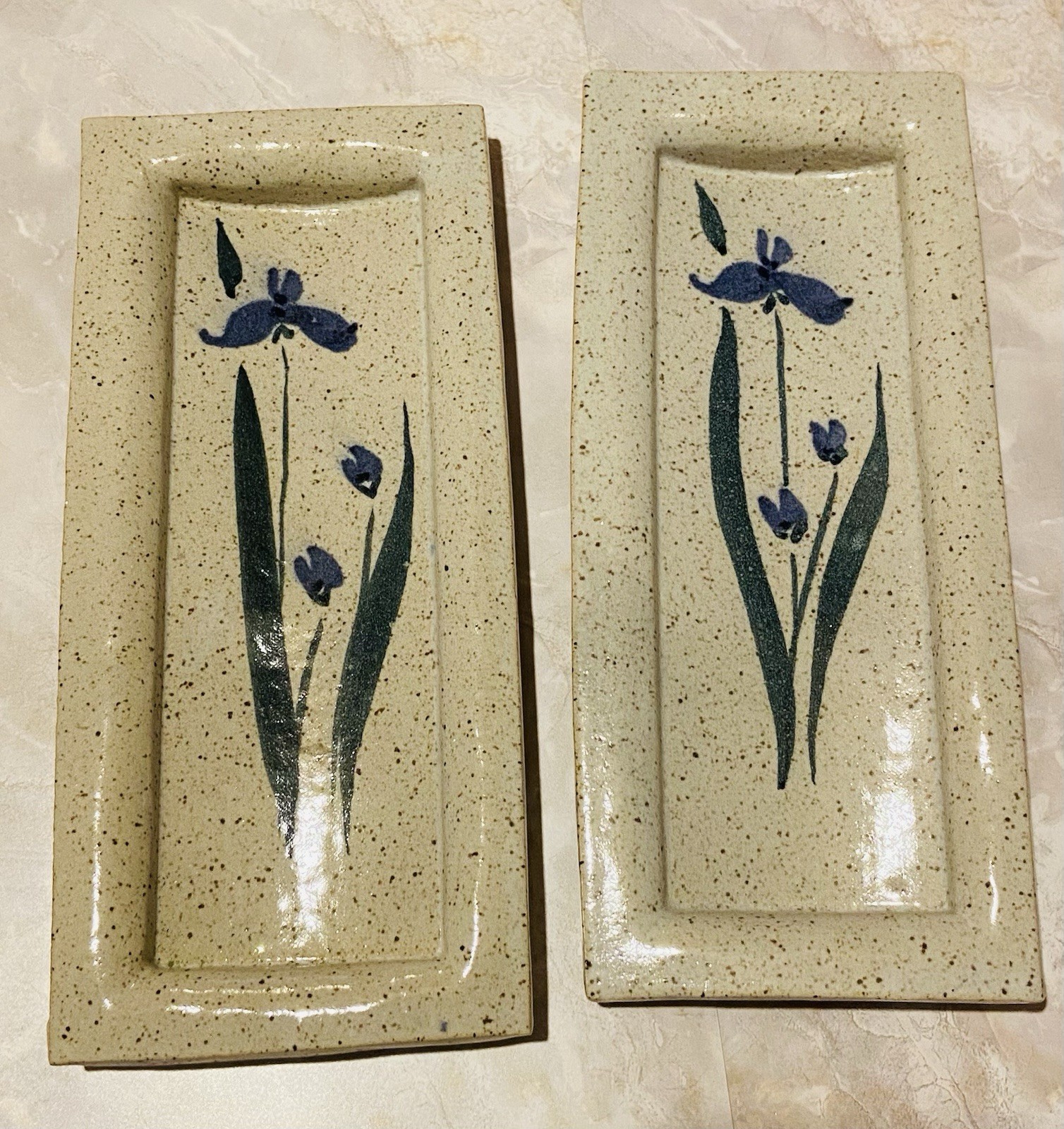 Art Pottery Tray Set Of 2 Speckled Blue Iris Flower Trinket Dish