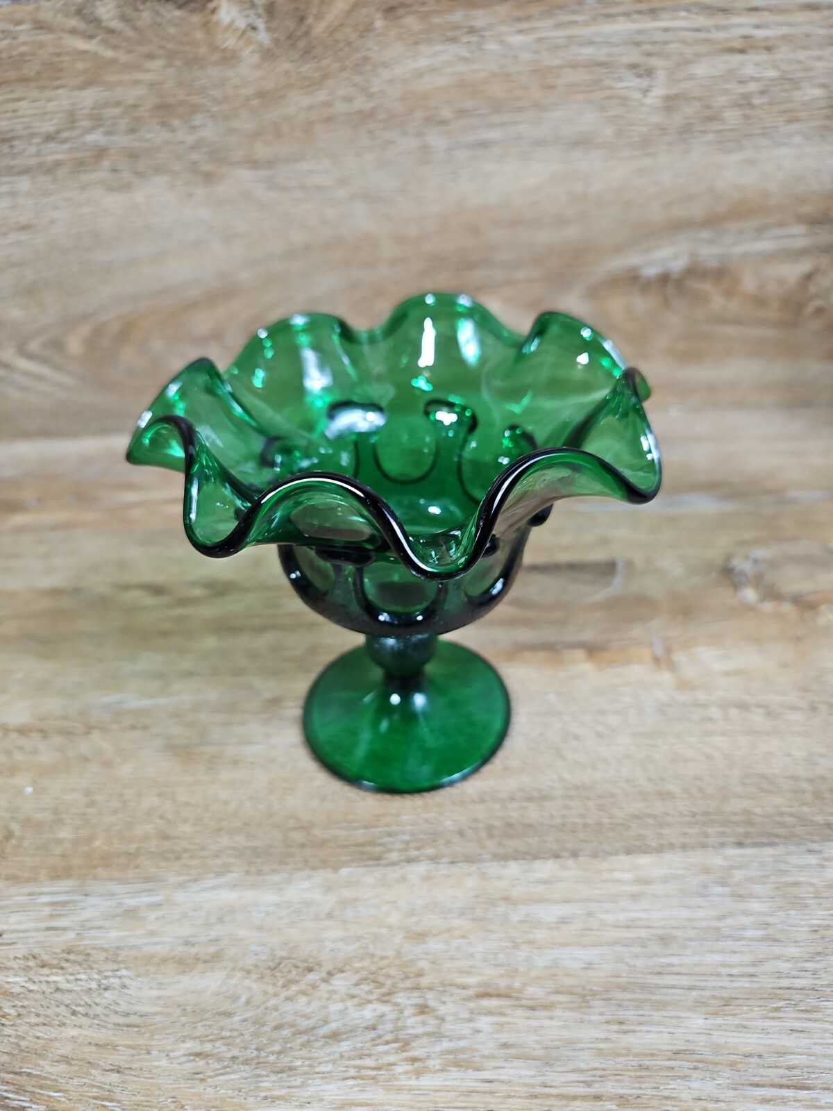 Viking Dark Green Glass Handkerchief Ruffle Top Candy Dish Compote Pedestal VTG