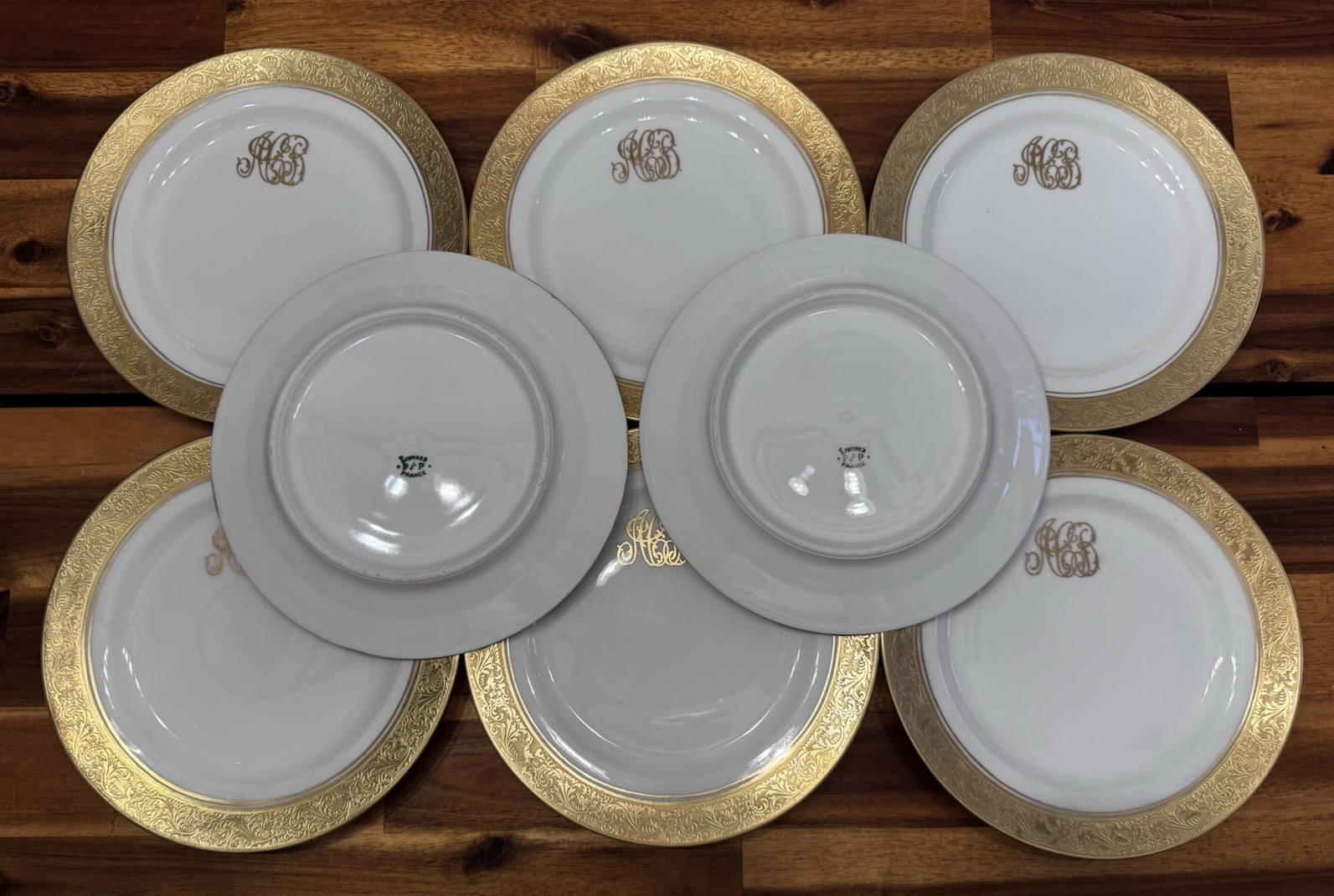 8pcs Antique Limoges P&P Gold Encrusted Monogram Salad Plates 7.5″- France, MINT