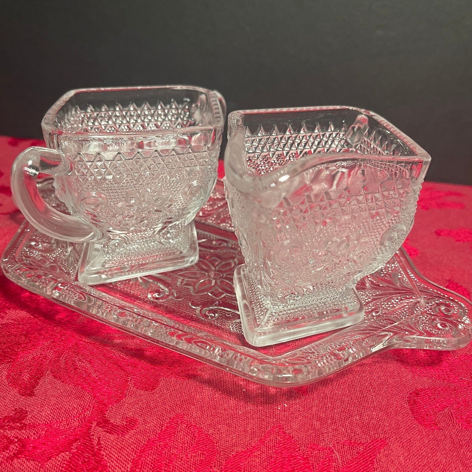 Indiana Glass TIARA Diamond Shape Cream Sugar Set w/ Underplate Sandwich Glass