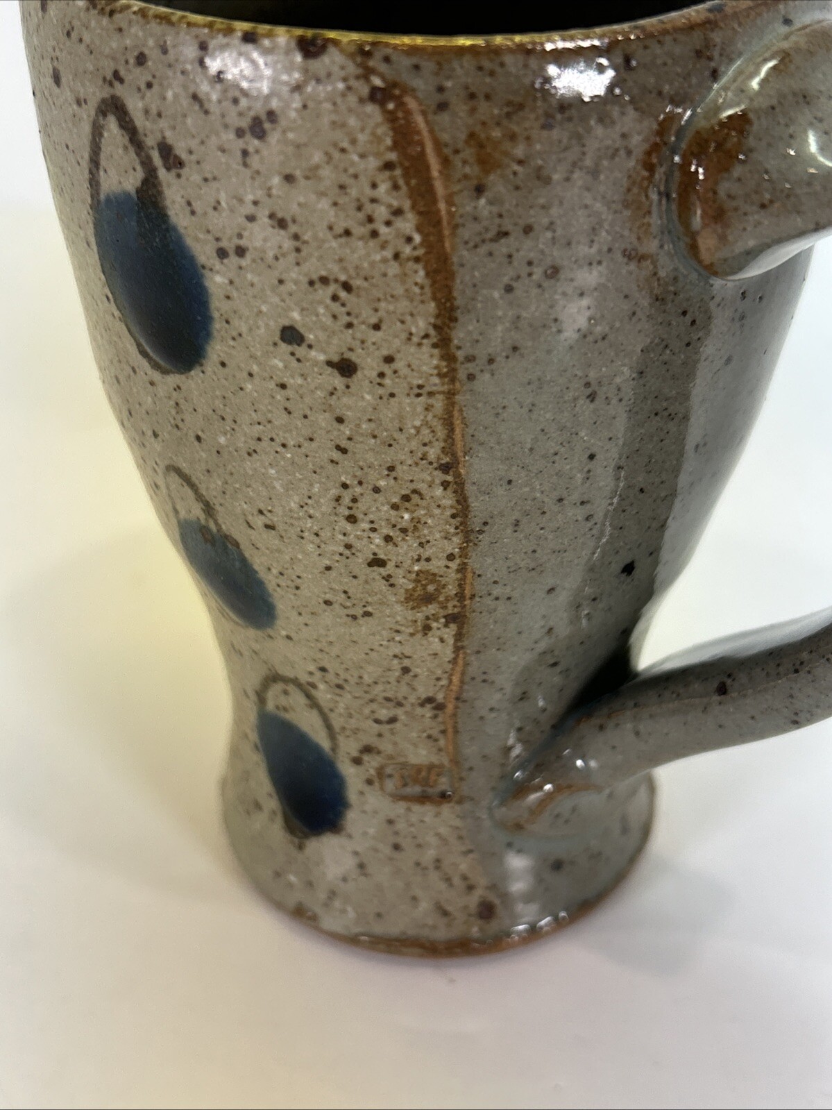 Studio Art Pottery Mug Gray Beige Blue Spotted Signed SRF 5”