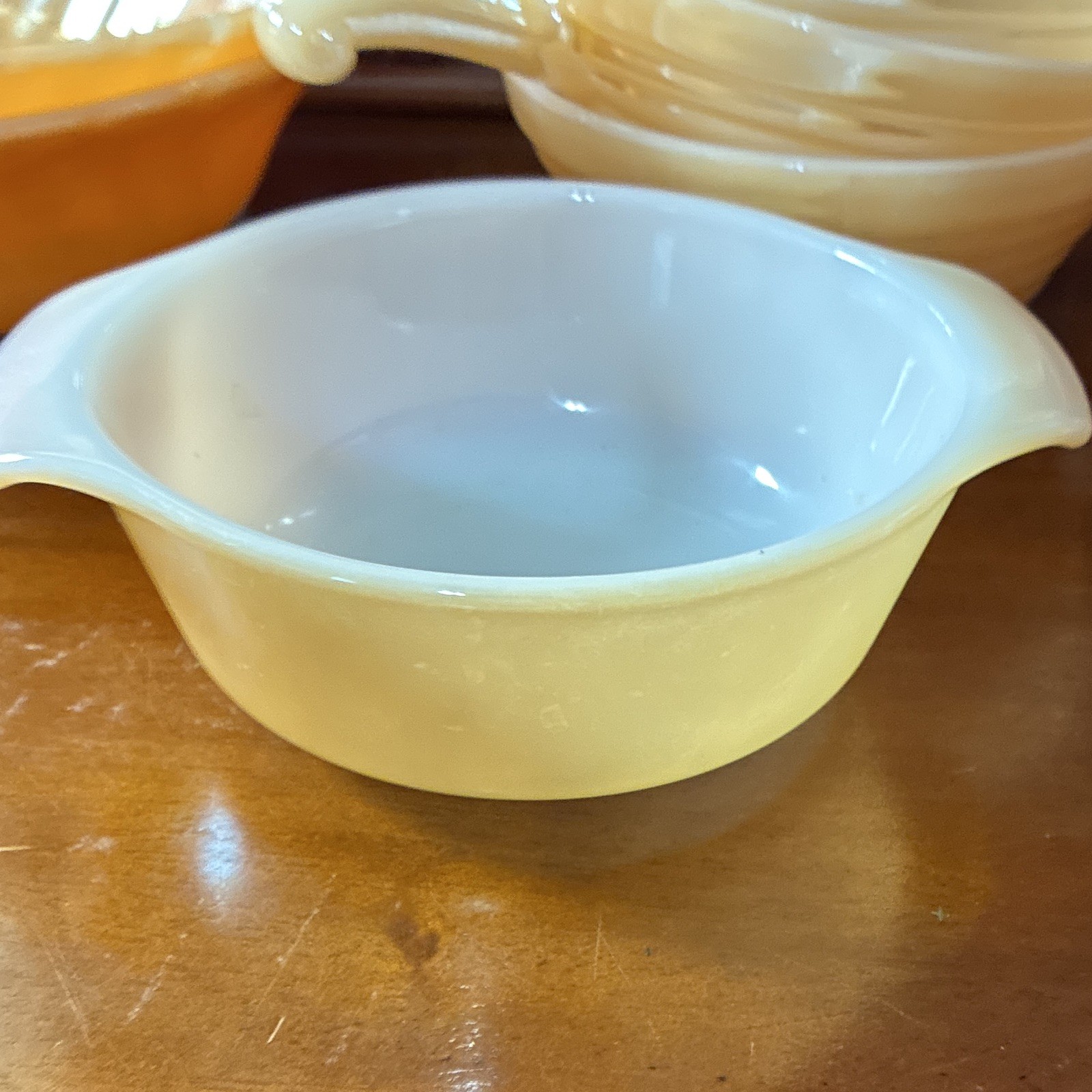 6 piece Fire-King Peach Swirl Milk Glass Set Oven Safe MCM USA 1950s.