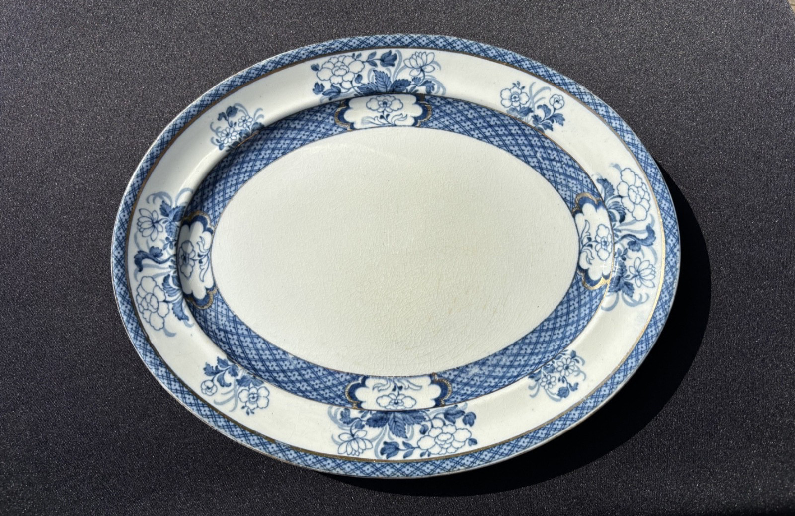 Rare F. Winkle & Co. Ltd England Blue Old Nankin 12″ Oval Platter Gold Trim VGUC
