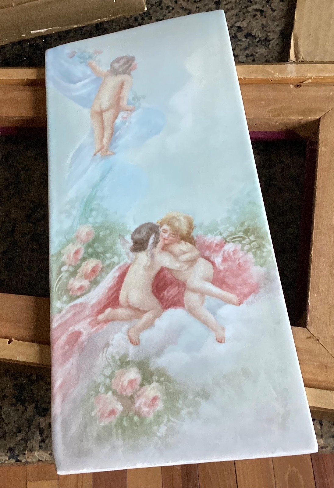 Antique 14×6” T&V Limoges HandPainted Porcelain Tile Plaque Artist Signed Cherub