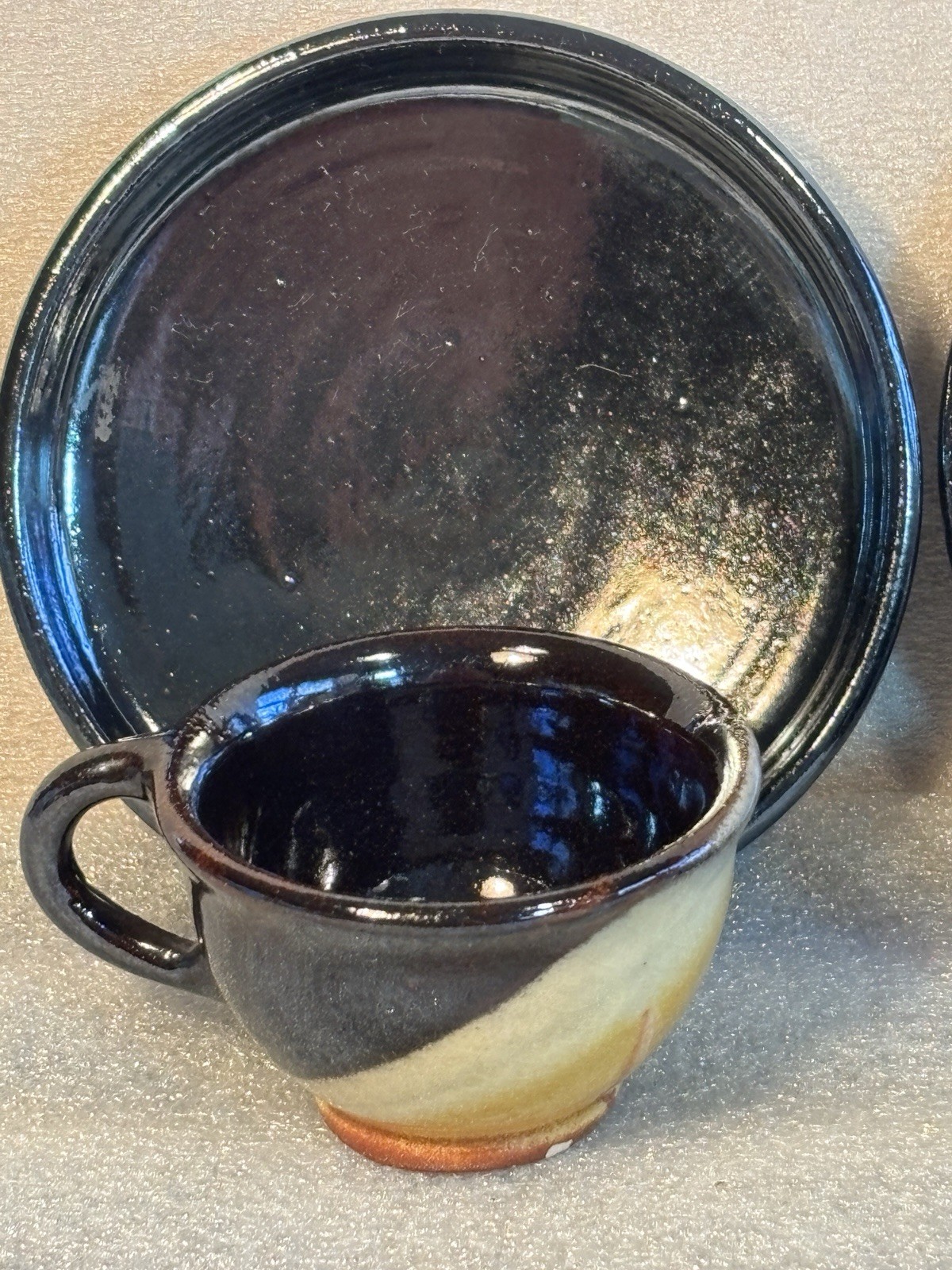 Studio Ceramic Pottery 2 cups & 2 Saucers Hand-Made Black Brown Yellow