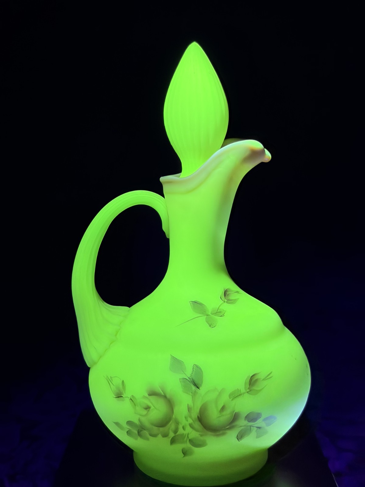 Vintage Fenton Burmese Satin Glass Cruet Stopper Hand Painted Roses UV Glow