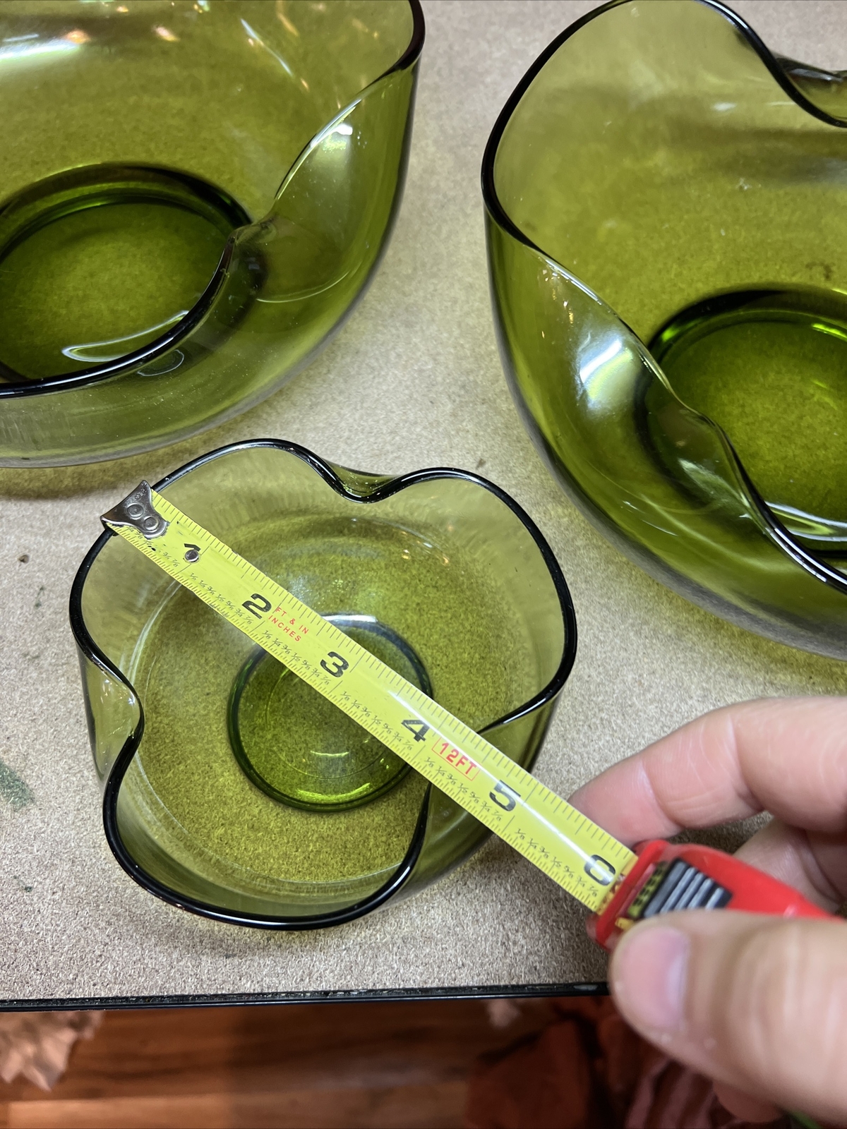 SET OF 3 Anchor Hocking Green Glass Pinched Sides Decorative Bowl NO CHIPS!