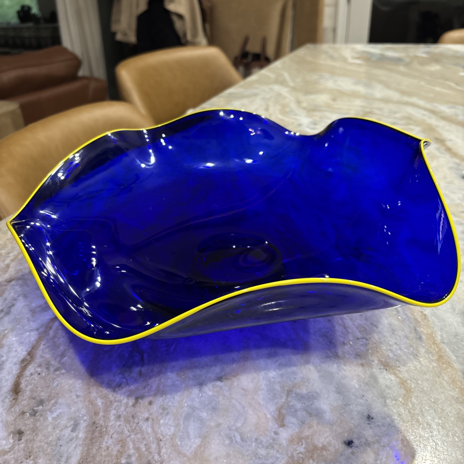 Vintage Algar Cobalt Blue Hand Blown Bowl With Bright Yellow Trim Detail. 14”