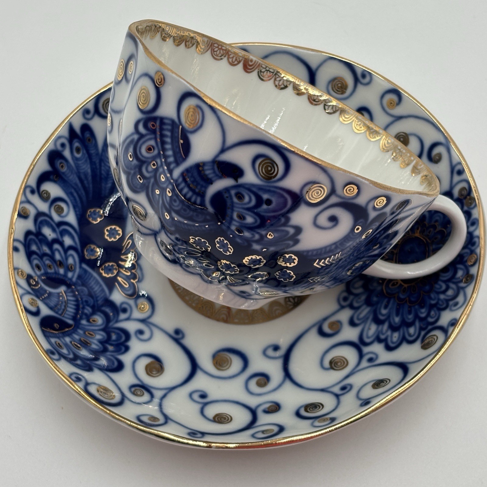 Lomonosov Imperial Porcelain Tea Cup & Saucer Magic Fire Bird Pattern 22K Gold