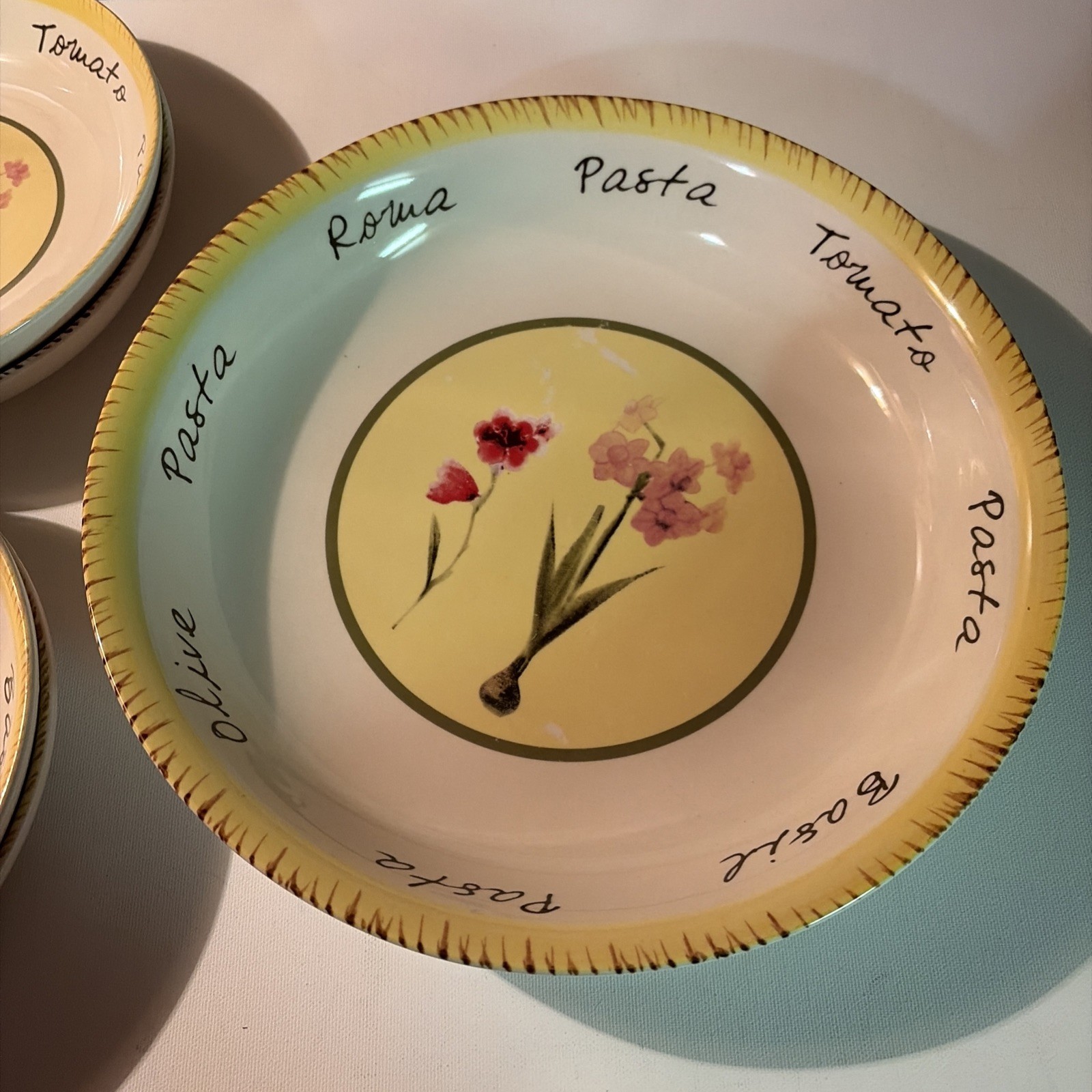 Vintage Trisa Stoneware Pasta Set Serving Bowl & 4 Individual Bowls