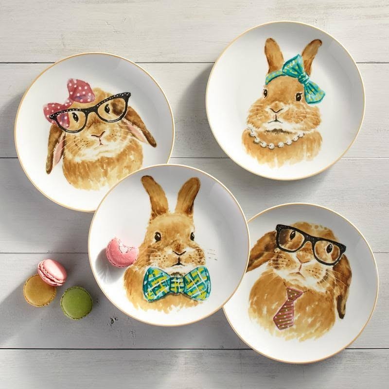 Set Of 4 Pier 1 Imports Rabbits Bunnies 8″ Porcelain Plates Cottagecore Decor