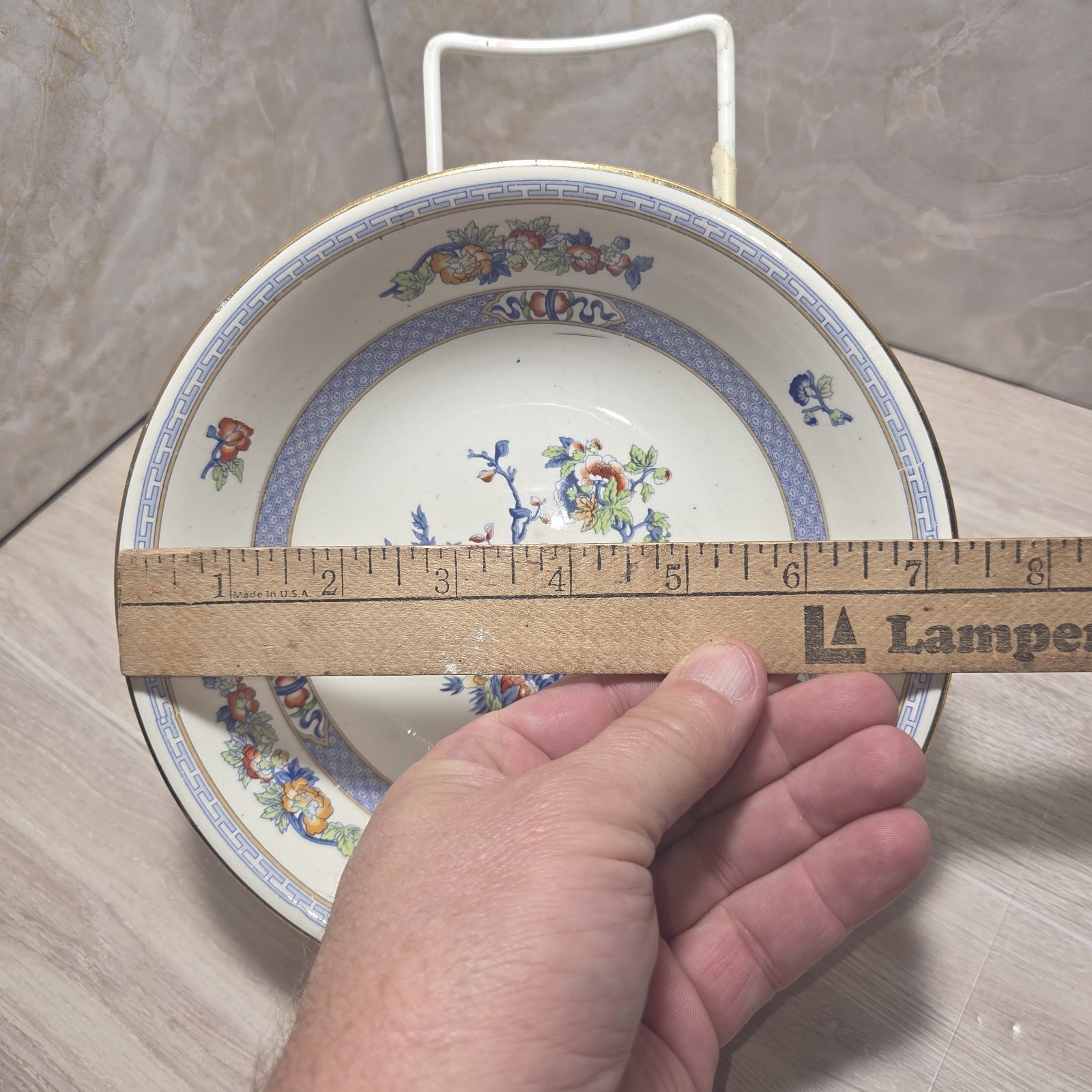 7″ Soup Bowl Indian Tree Porcelain China Dinnerware Blue Rust Greek Key Gold Rim