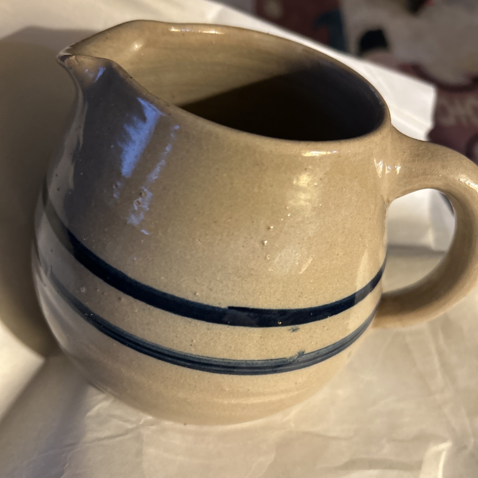 Vintage Stoneware Crock Pitcher Primitive Country Farmhouse Kitchen Blue Striped