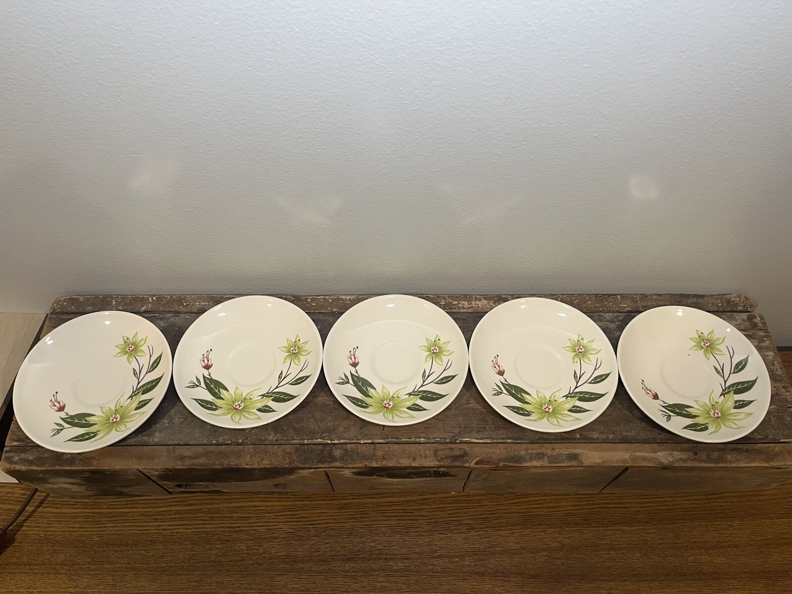 Vintage Homer Laughlin Rhythm Desert Lily Pottery Saucers Green Flowers 1952 MCM