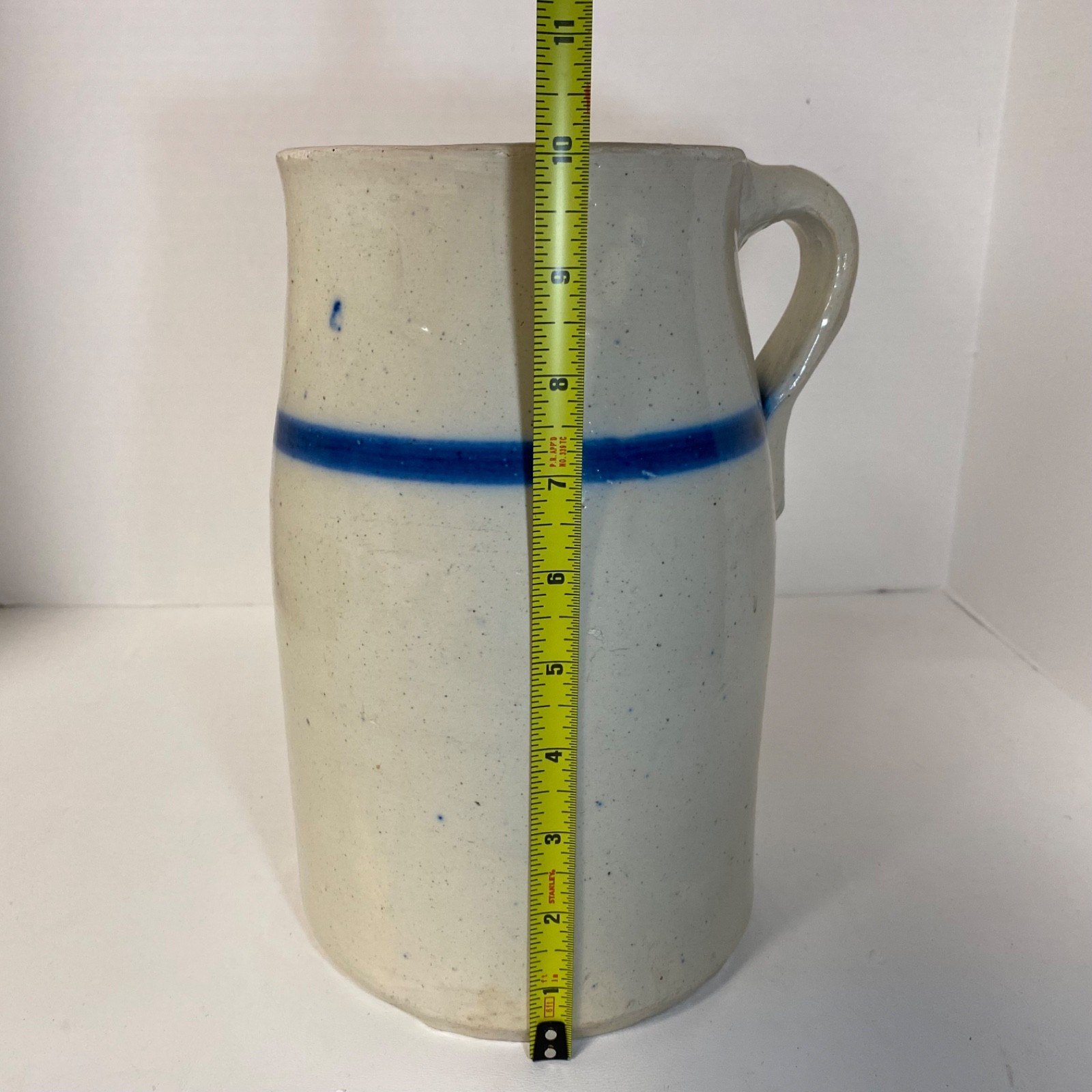 Vintage Primitive Salt Glazed Stoneware Pitcher 10″ Crock Blue Stripe