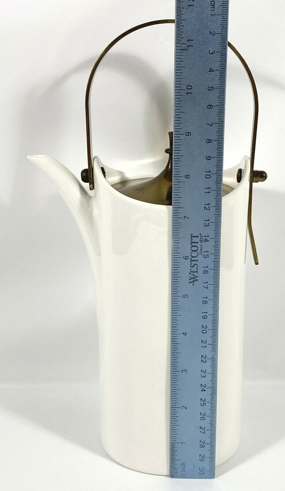 Vtg Danish Style Pottery Coffee Pot White w/ Metal Lid & Handle Carafe 9″ RARE