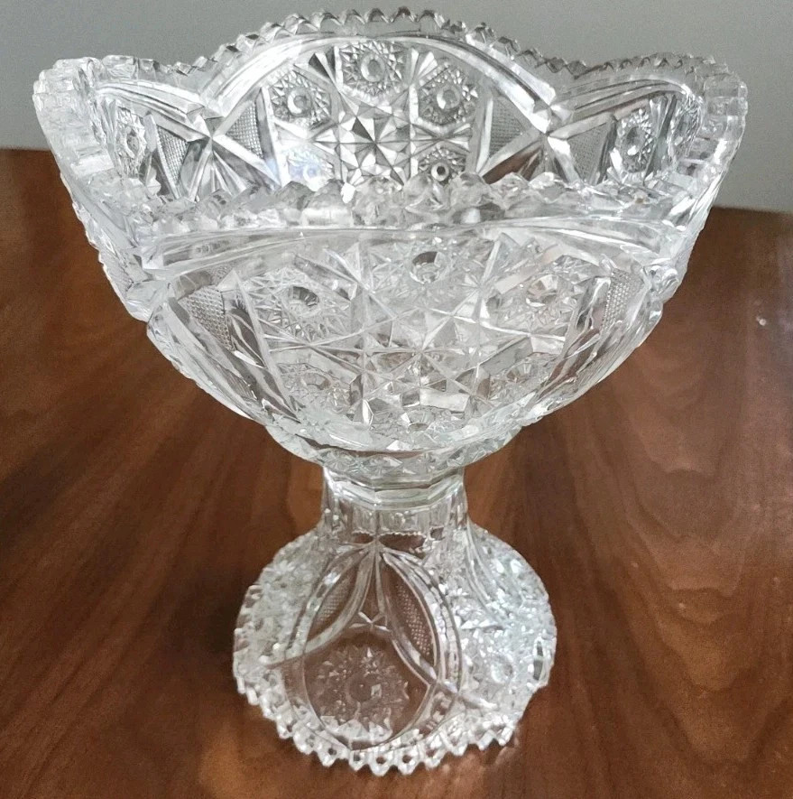 Antique Brilliant Cut Crystal Glass Eggnog Centerpiece Bowl 2 Piece Vintage