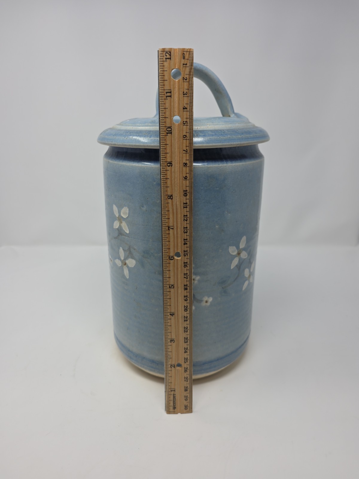 Floral Blue Pottery Jar Stoneware Studio Pottery Crock 12″ Tall 6″ Diameter