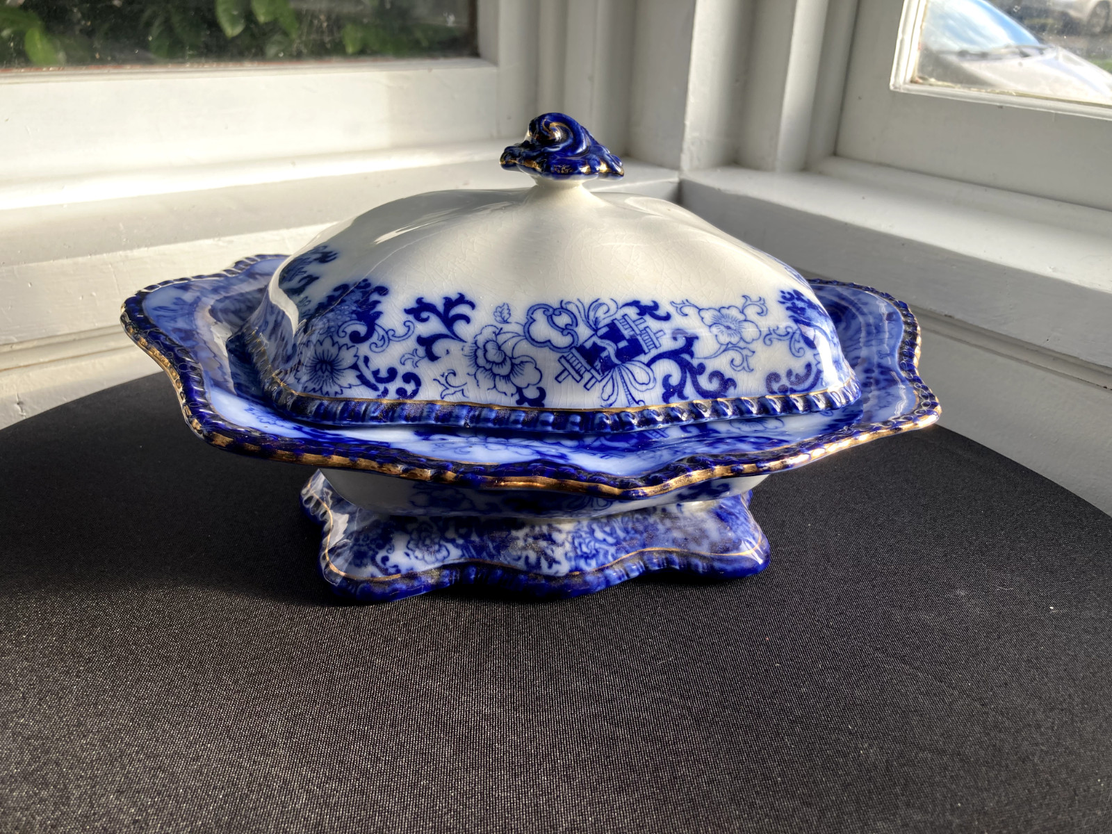 Antique Royal Doulton Flow Blue Oval Covered Vegetable Nankin Porcelain England