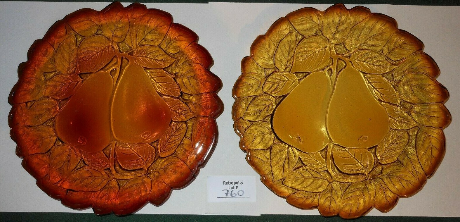 2 Tiara Indiana Glass 8″ Plates Burnt Honey SWEET PEAR Avocado