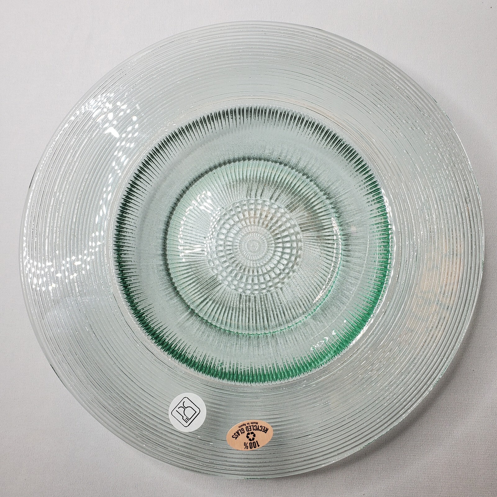 4 Recycled Spanish Glass Dinner Plates 10″ Set Wide Rim Clear Green Textured NOS