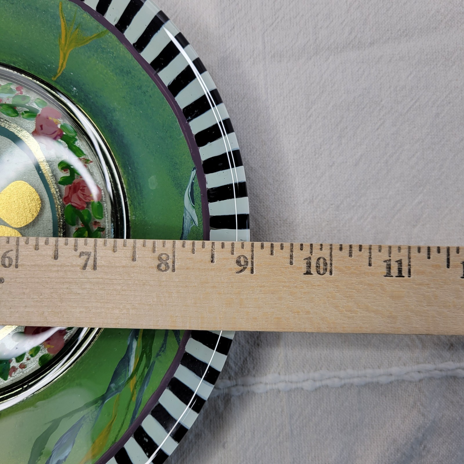 Early MacKenzie-Childs Plate Hand Painted Glass Salad 9″ Rose Garland Gold Dots