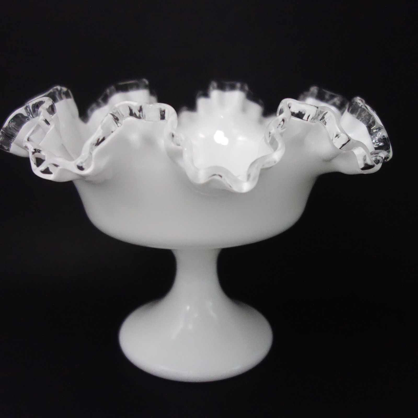 Vintage Fenton Silver Crest Milk Glass Footed Pedestal Bowl Ruffled Edge 6″ Tall