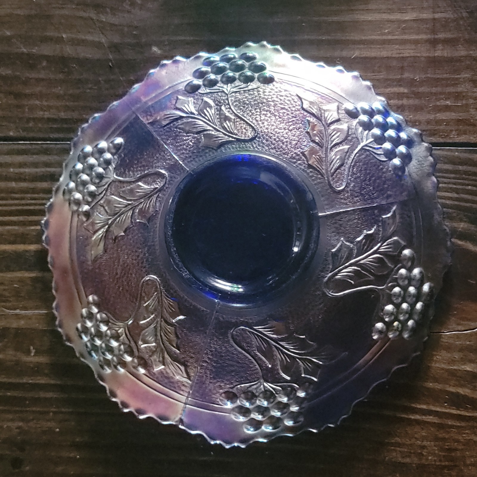 Blue Pressed Glass Grape & Vine Round Plate, Decorative Fruit Pattern