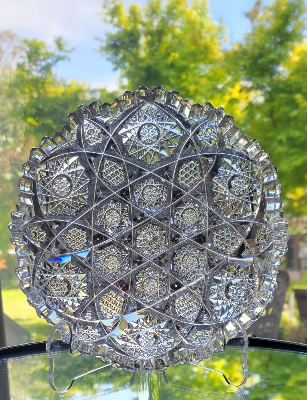 American Brilliant Cut Glass Crystal Intricate Hobstar cluster pattern 6″ Dish