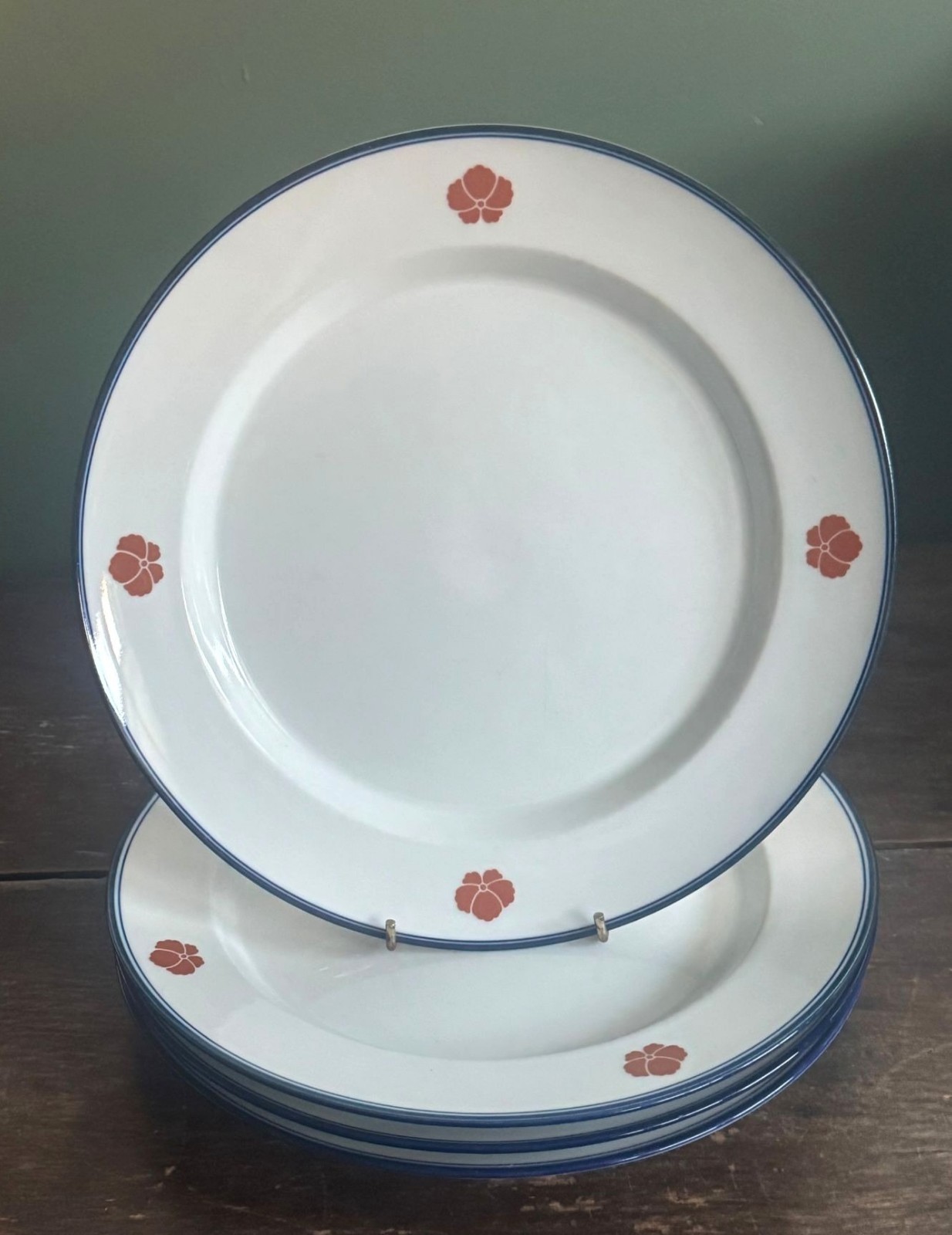 Four Dansk 10.5″ Dinner Plates Cobalt Blue Trim Rust Flower