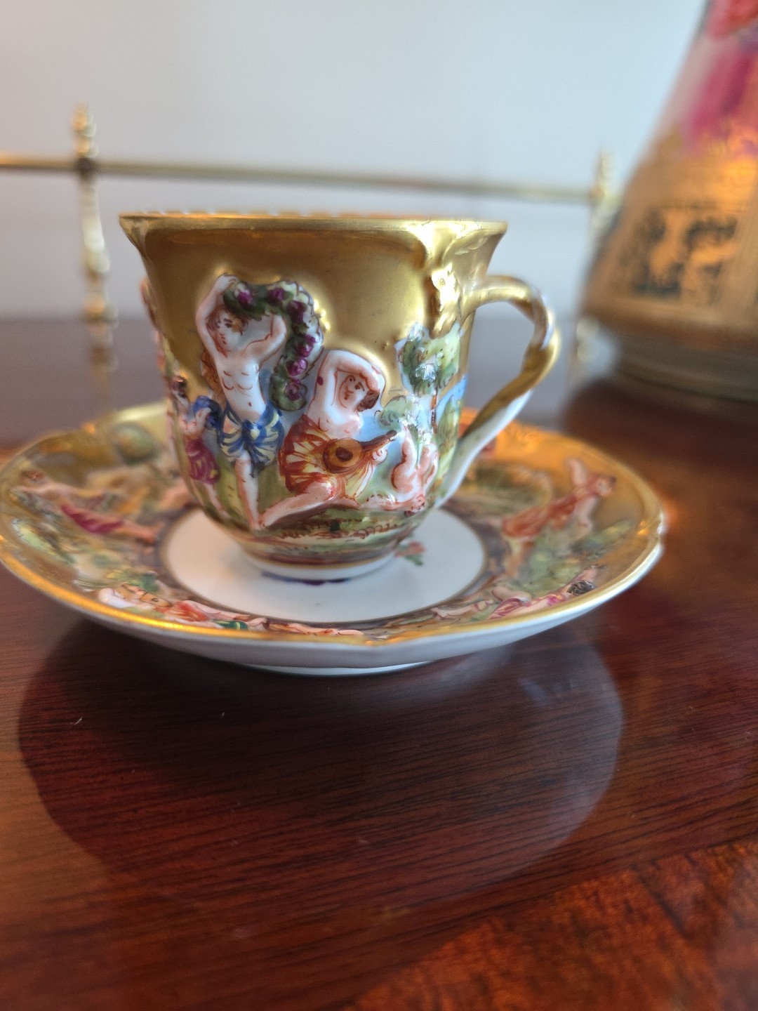 19th Century Antique Capodimonte Demitasse Cup & Saucer Hand painted High Relief