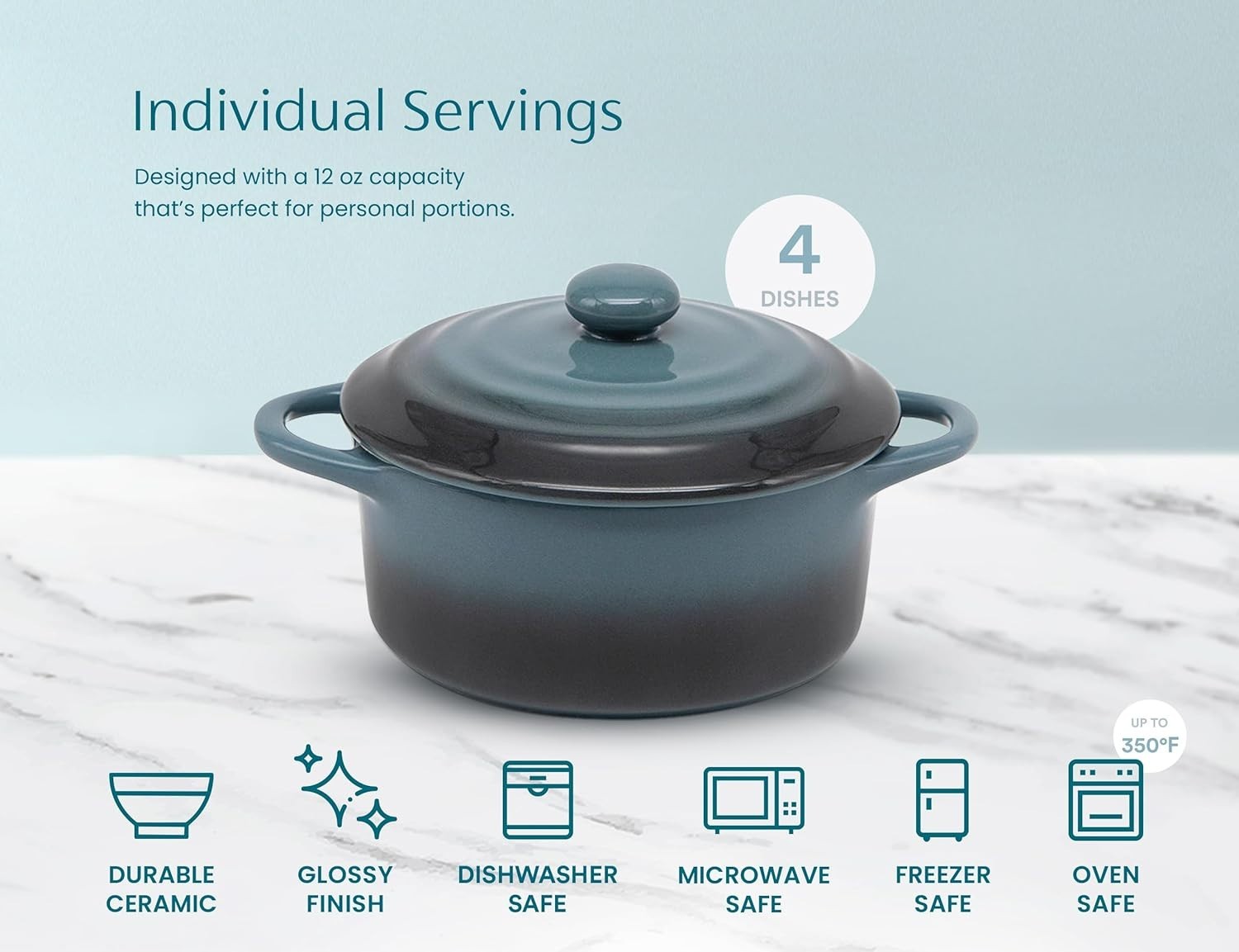 Set of 4 Stone Ombre Mini Cocottes – 12 oz Casserole Dishes for Elegant Dining