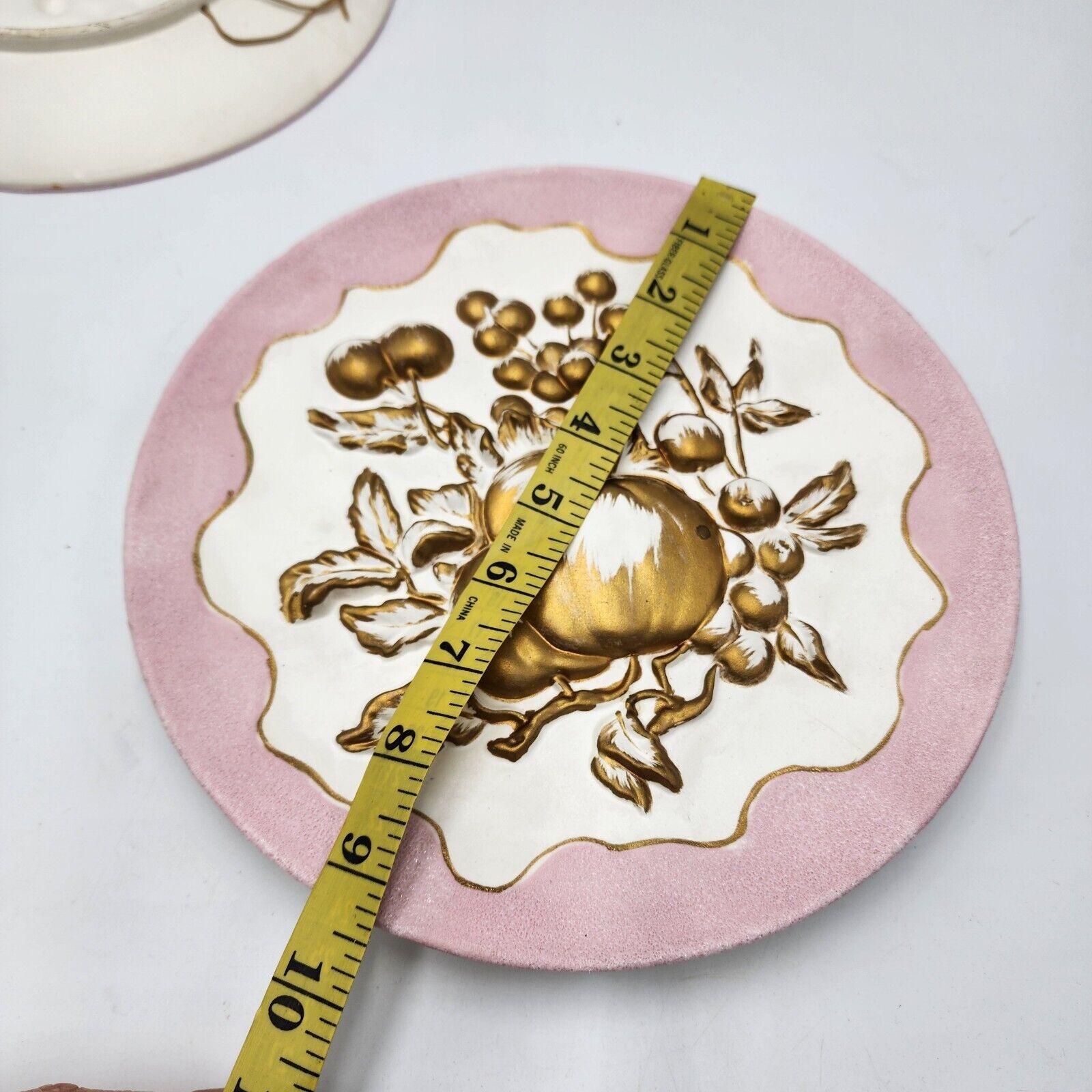 Vintage Set Of 2 Japan Hanging Wall Plates With Pink Gold Dimensional Fruit