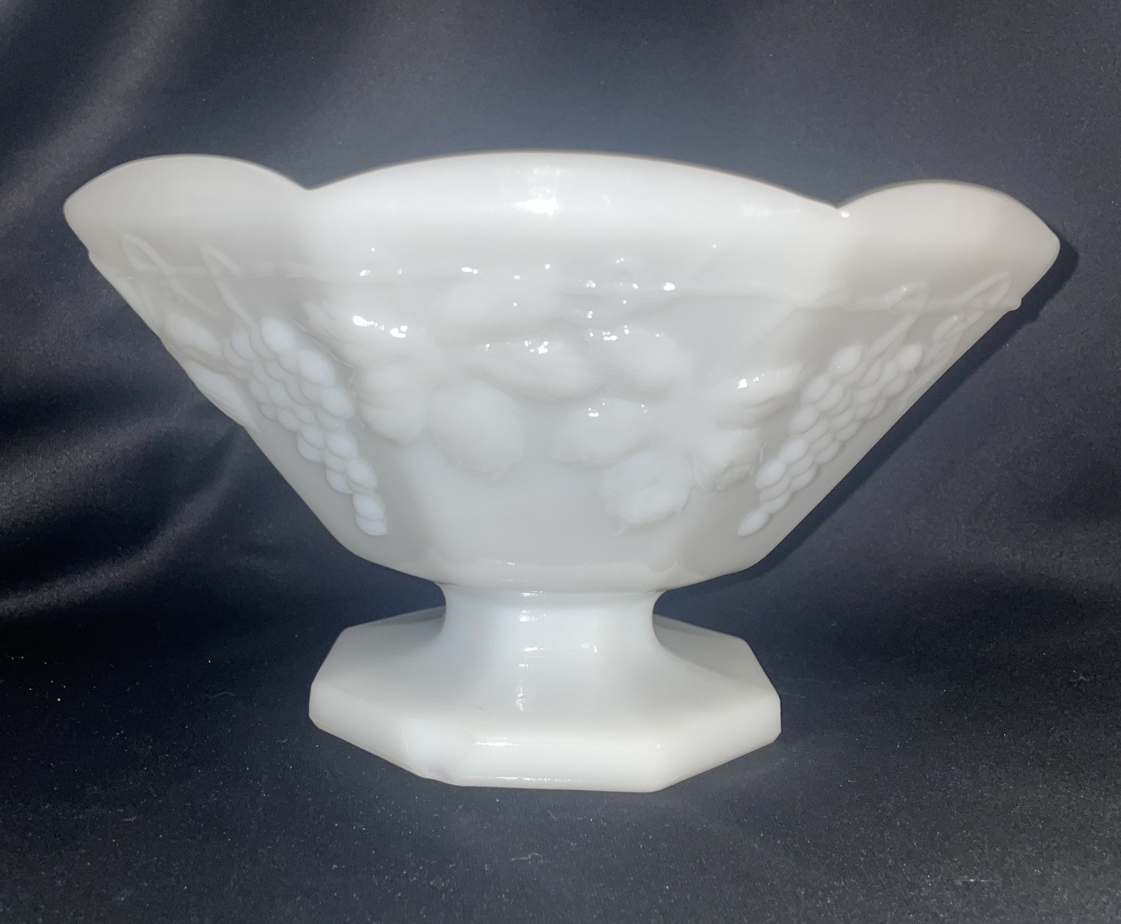 Milk Glass Grapes and Leaves Footed Pedestal Fruit Bowl Octagon 9 1/2 Inches