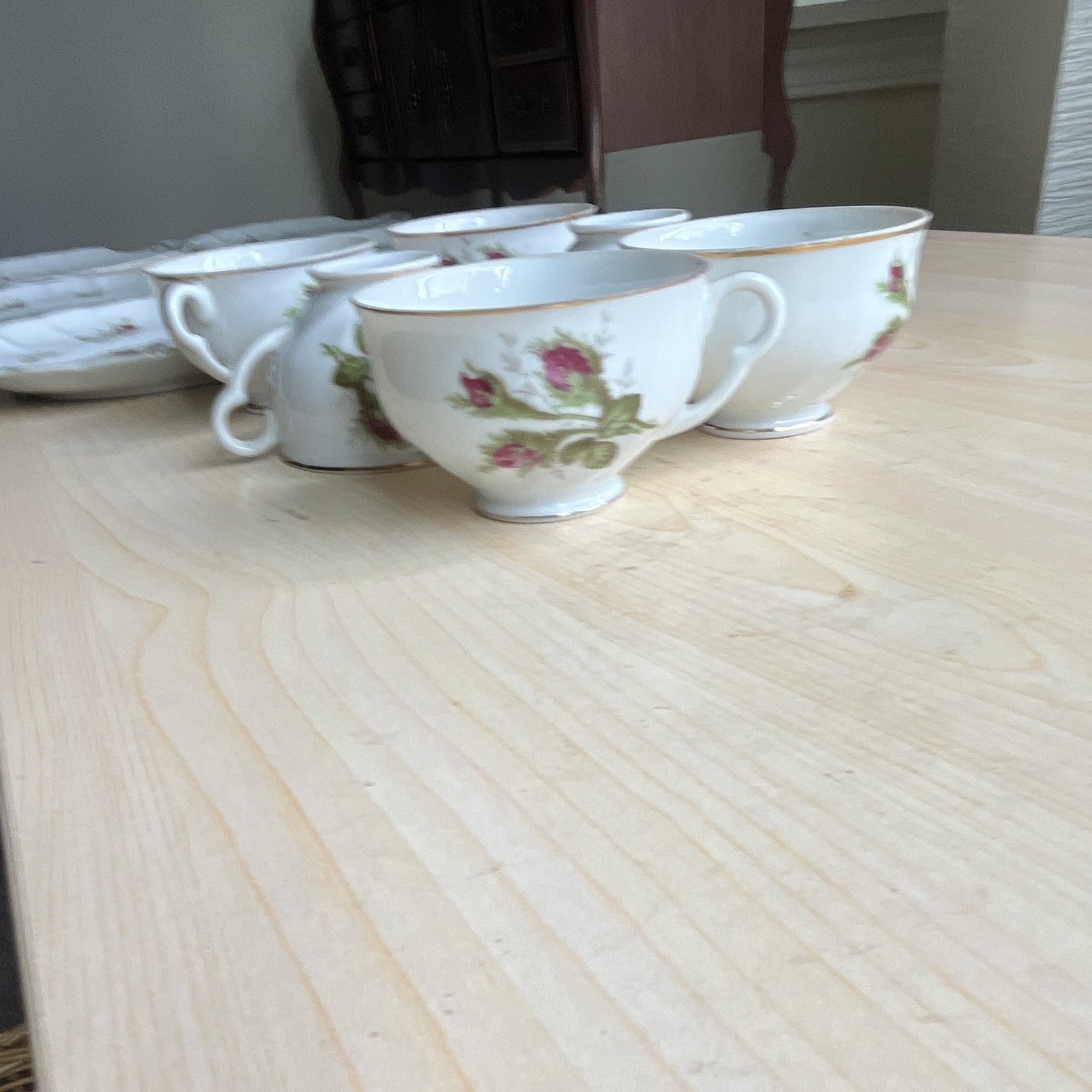 Porcelain Floral Dinner Set White Pink Green Cups Saucers Bowls Plates