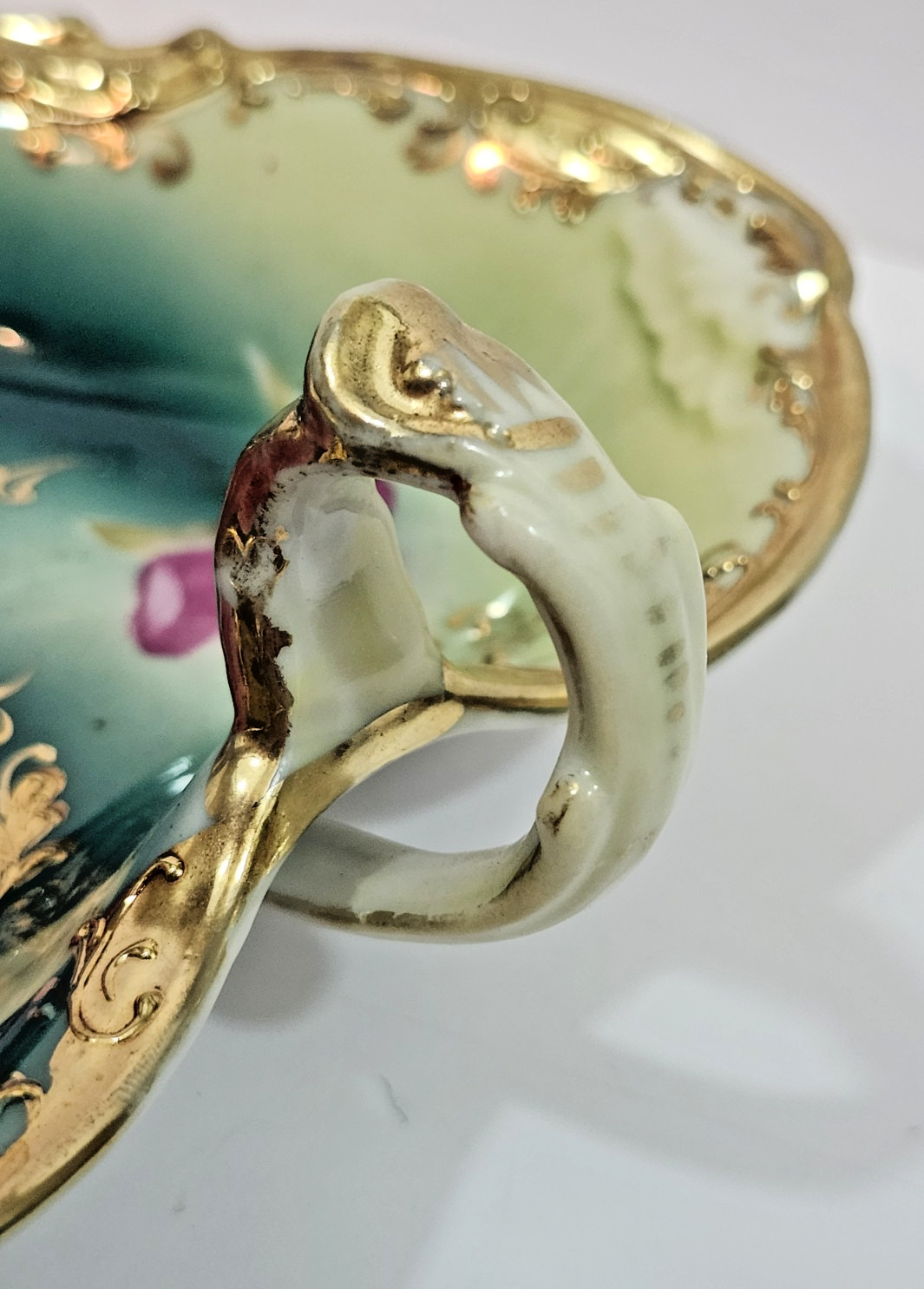 Antique Nippon Hand Painted Roses Nappy Candy Dish Lemon Server Teal Pink Gold